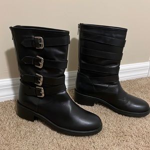 AQUATALIA LEATHER WEATHERPROOF 4 STACK BUCKLES EMBELLISHED ANKLE BOOTS US 7.5